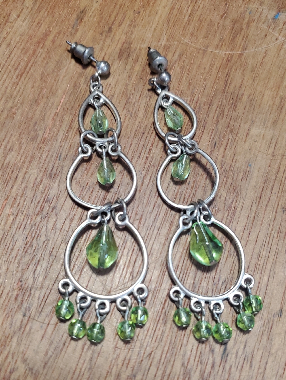 Green Dangle Hoop Earrings - Silver-Tone Cascading Beads D